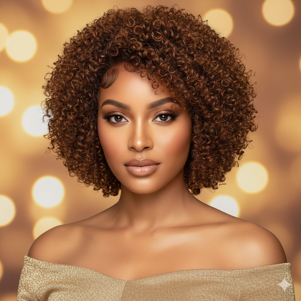 100% Naturligt Hår Peruk | Kort, Brunt, Lockigt & Silkeslent