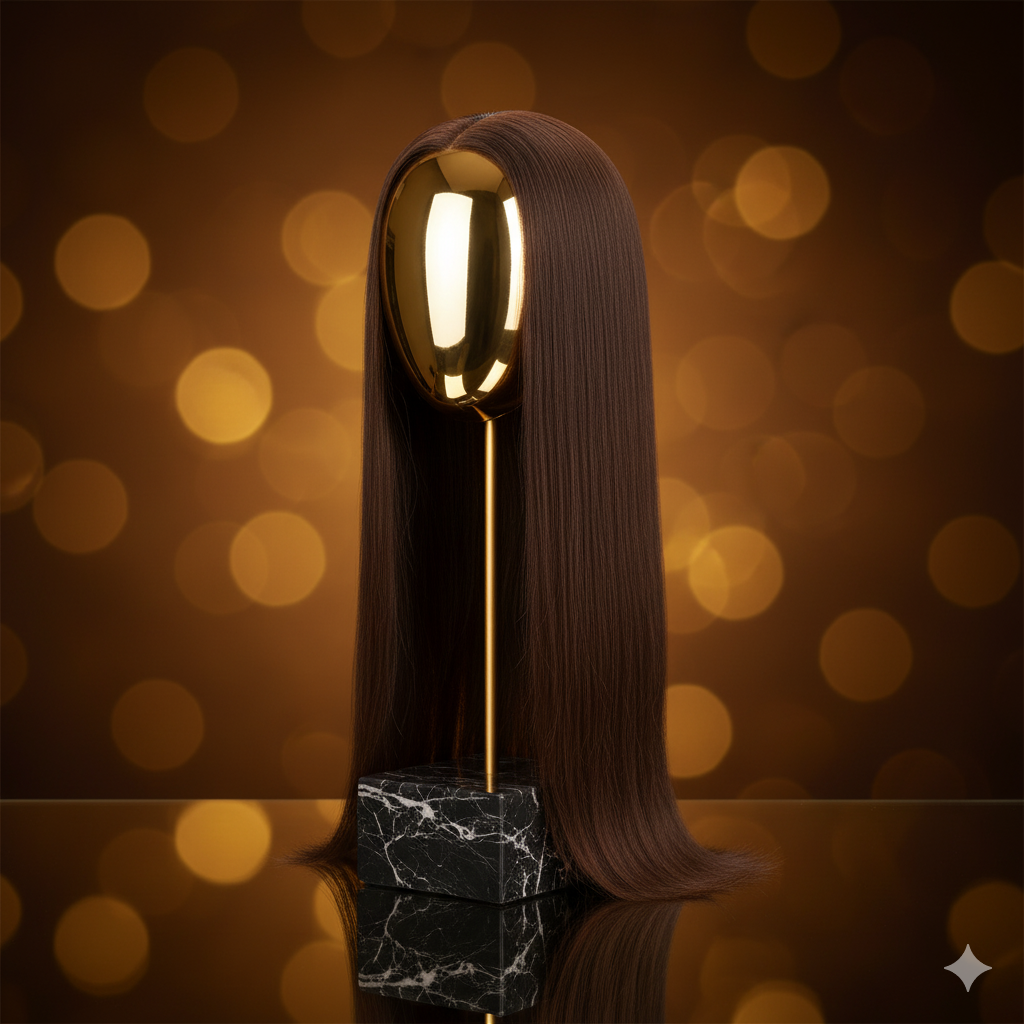 Stativ med 100% Naturlig Hår Peruk på en kvinna med Långt, Svart & rött, Rakt & Silkeslent hår