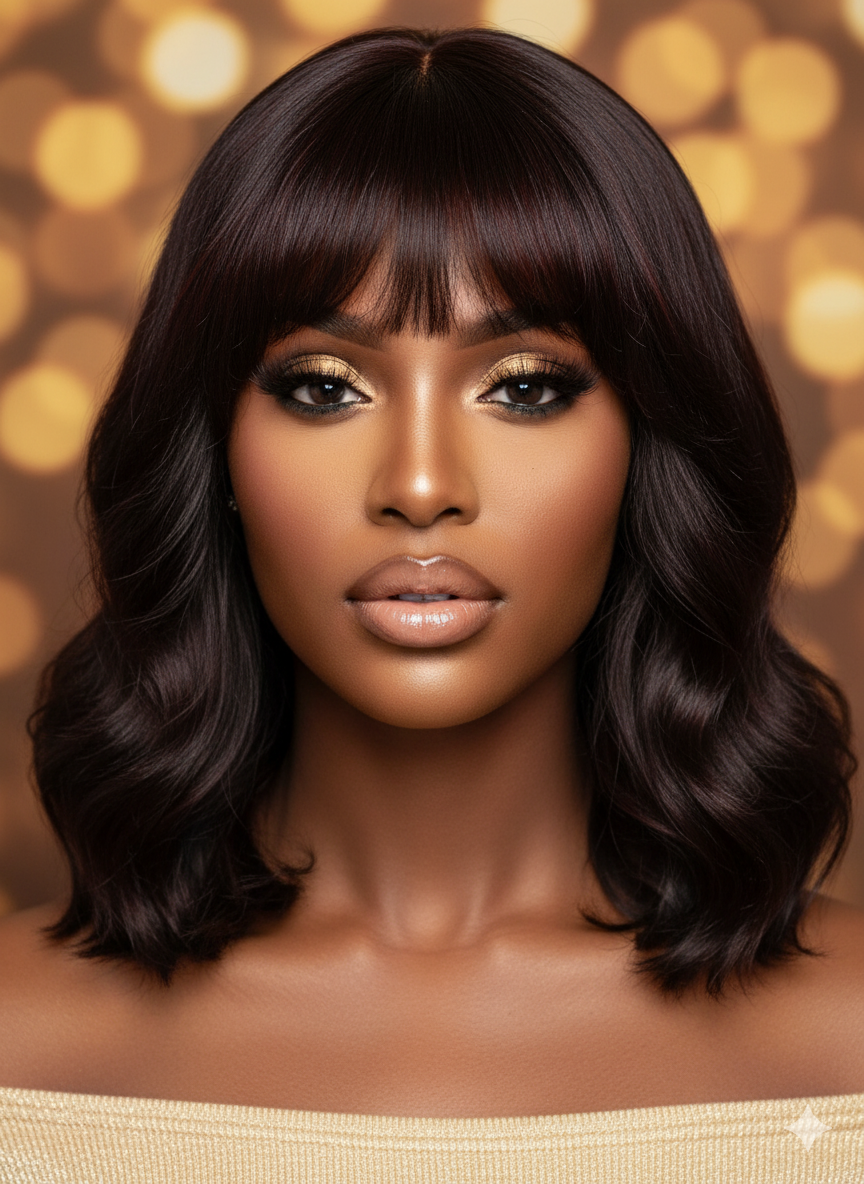 100% Naturlig Hår Peruk på en kvinna med Axellångt, Svart, Vågigt & Silkeslent hår