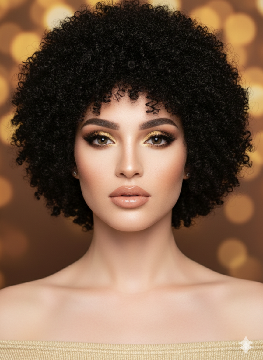 100% Naturlig Hår Peruk på en kvinna med Kort, Svart, Krulligt & Silkeslent hår