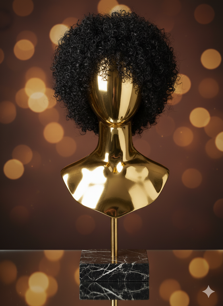 Stativ med 100% Naturlig Hår Peruk med Kort, Svart, Krulligt & Silkeslent hår