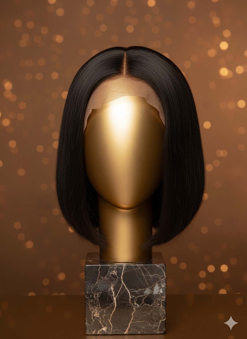 Stativ med 100% Naturlig Hår Peruk med Axellångt, Svart, Rakt & Silkeslent hår