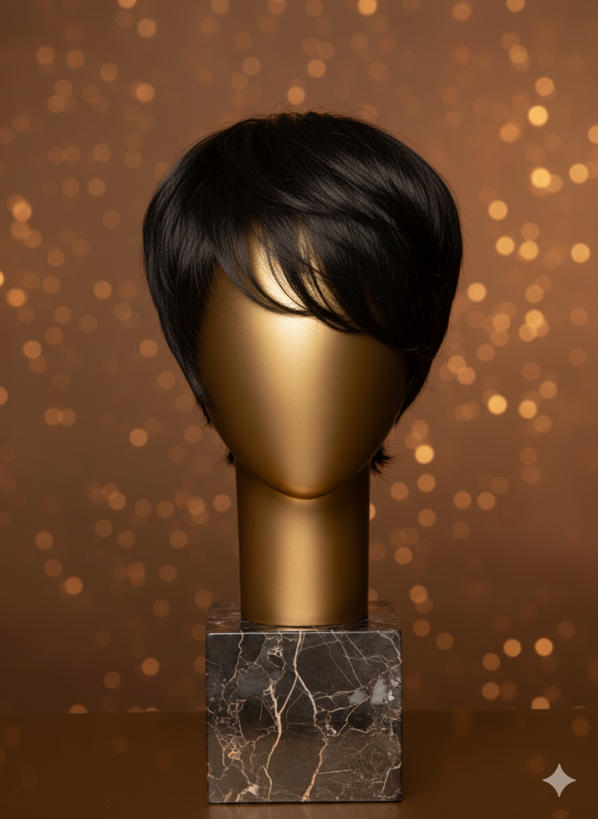 Stativ med 100% Naturlig Hår Peruk med Kort, Svart, Rakt & Silkeslent hår