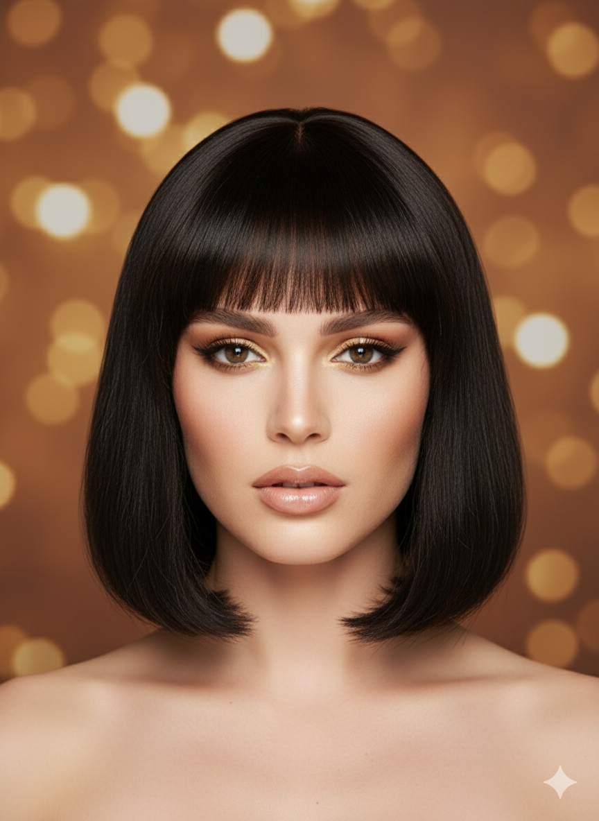 100% Naturlig Hår Peruk på en kvinna med Kort, Svart, Rakt & Silkeslent hår