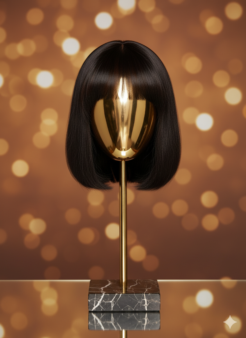 Stativ med 100% Naturlig Hår Peruk med Kort, Svart, Rakt & Silkeslent hår