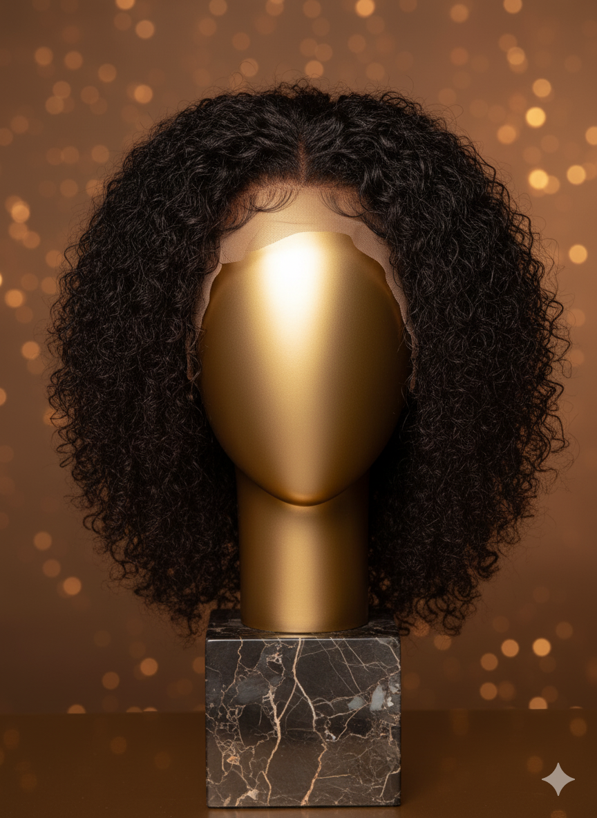 Stativ med 100% Naturligt Hår Peruk | Långt, Svart, Lockigt & Silkeslent