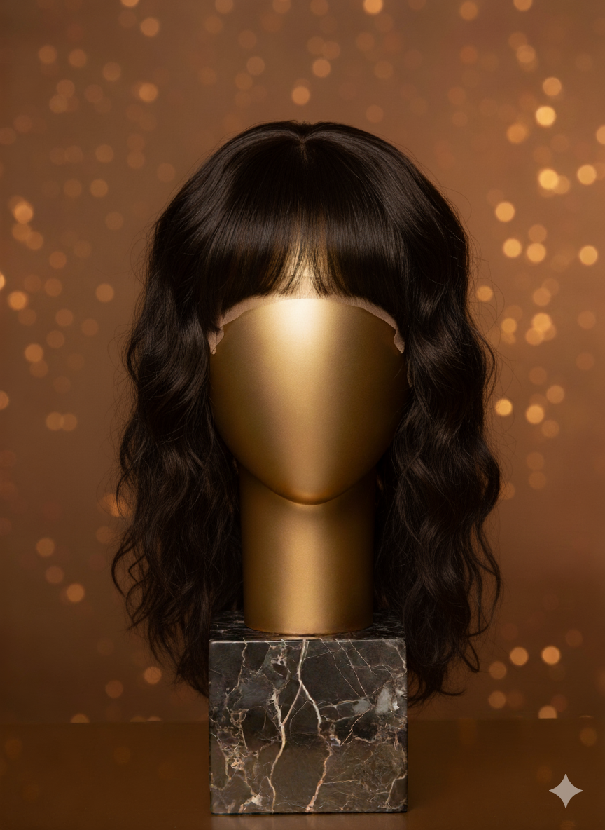 Stativ med 100% Naturlig Hår Peruk med Axellångt, Svart, Vågigt & Silkeslent hår