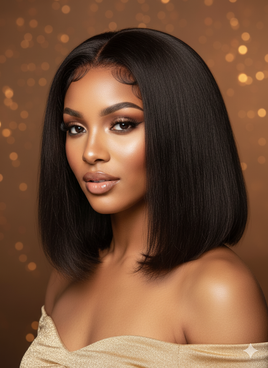 100% Naturlig Hår Peruk på en kvinna med Axellångt, Svart, Rakt & Silkeslent hår