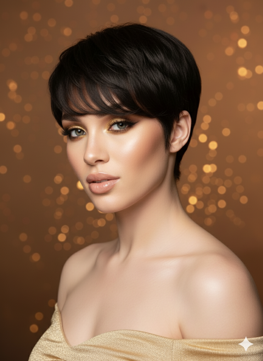 100% Naturlig Hår Peruk på en kvinna med Kort, Svart, Rakt & Silkeslent hår