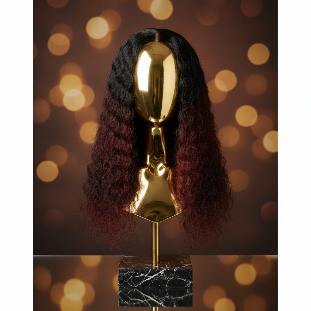 Stativ med 100% Naturligt Hår Peruk | Långt, Svart & röd, Vågigt & Silkeslent