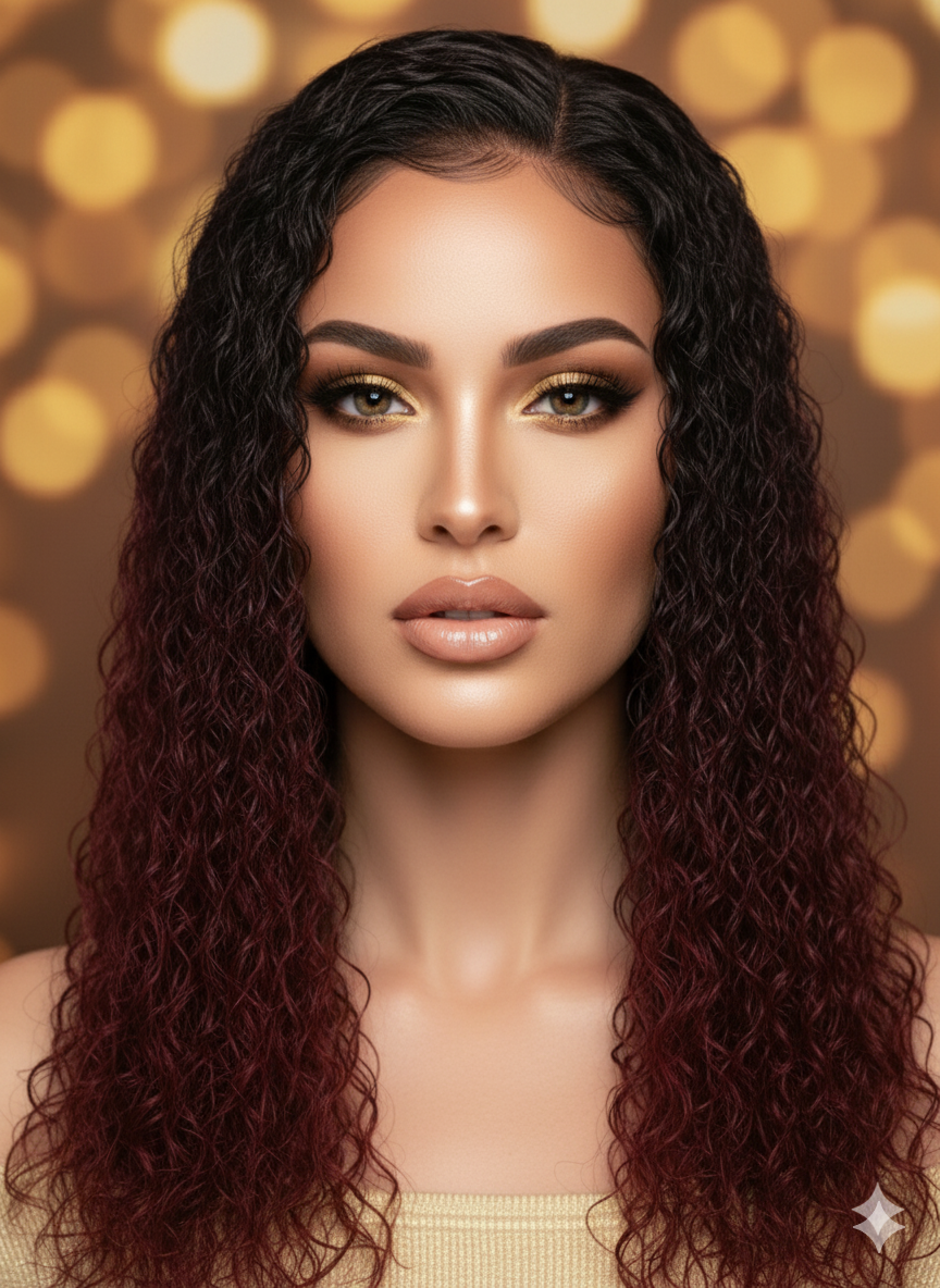 100% Naturligt Hår Peruk | Långt, Svart & röd, Vågigt & Silkeslent